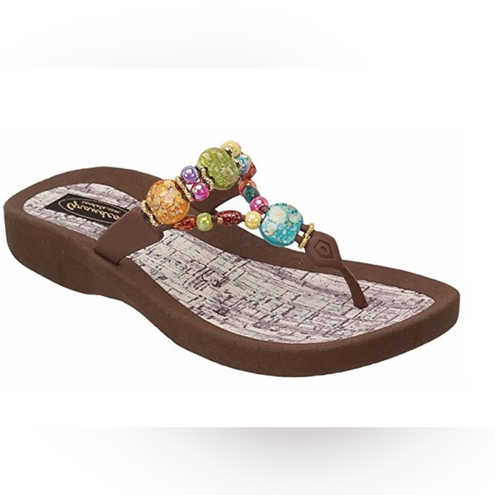 CLOSEOUT JEWELED BROWN MARBLE CORK SANDALS Grandco